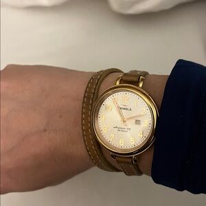 Shinola Gold tone Birdy Double Wrap watch; sapphire dial; all stainless steel